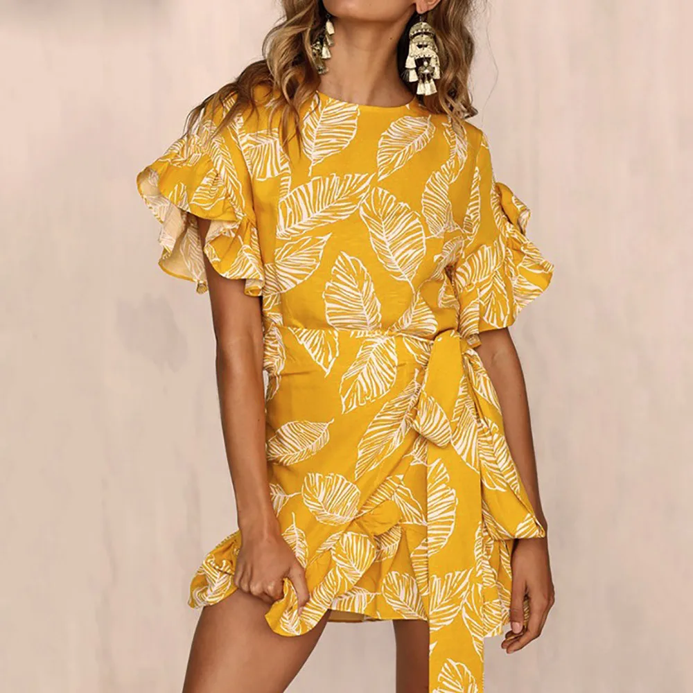 

FeiTong Long leave print summer dress women Tropical print short dress vestidos Streetwear high waist ruffle casual dress 2018