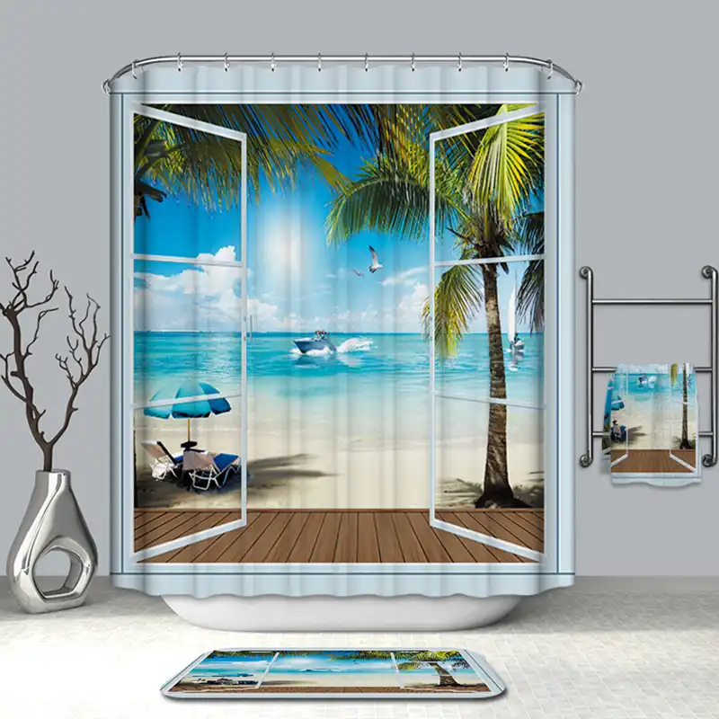 Summer Hot Bath Curtains Fake Window Beach Scenery Pattern 3d