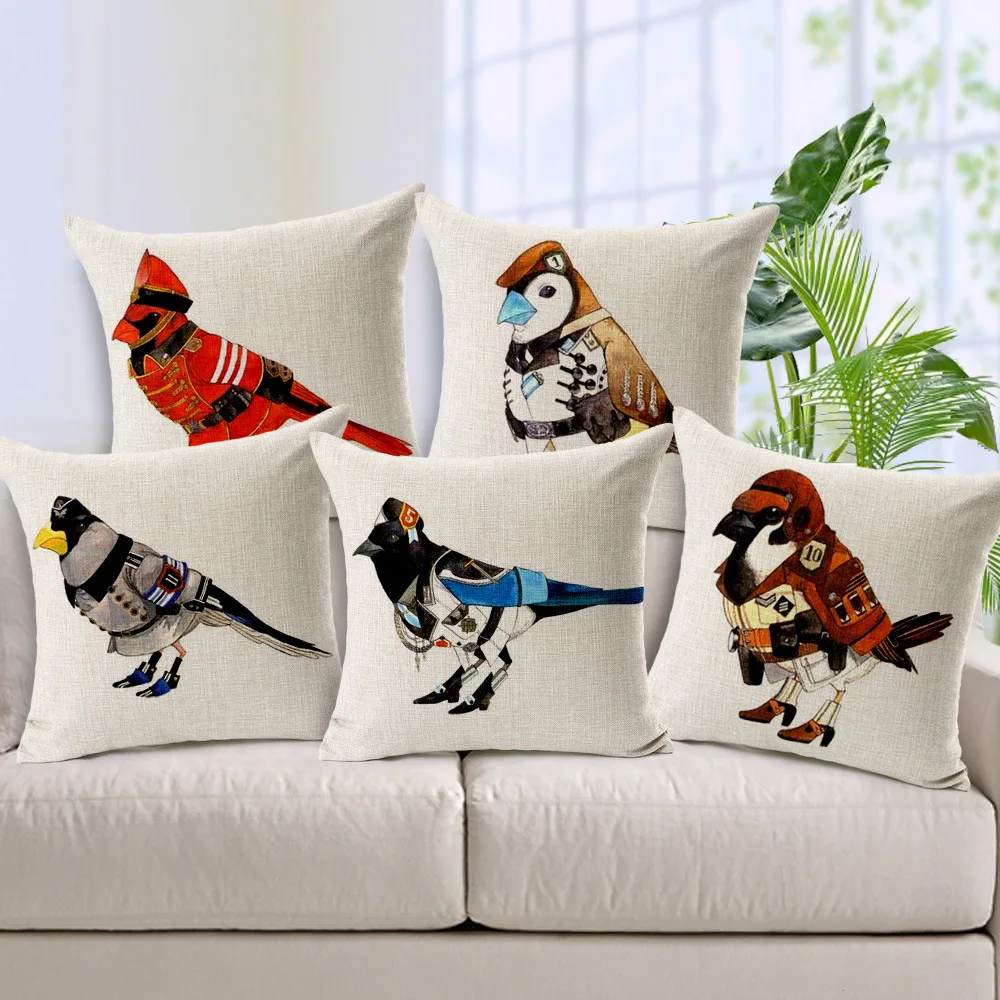 

Lovely Cartoon Funda Cojin Soft Breathable Cotton Linen Pillowcase Hand Painted Birds Throw Pillows Case 45cm*45cm