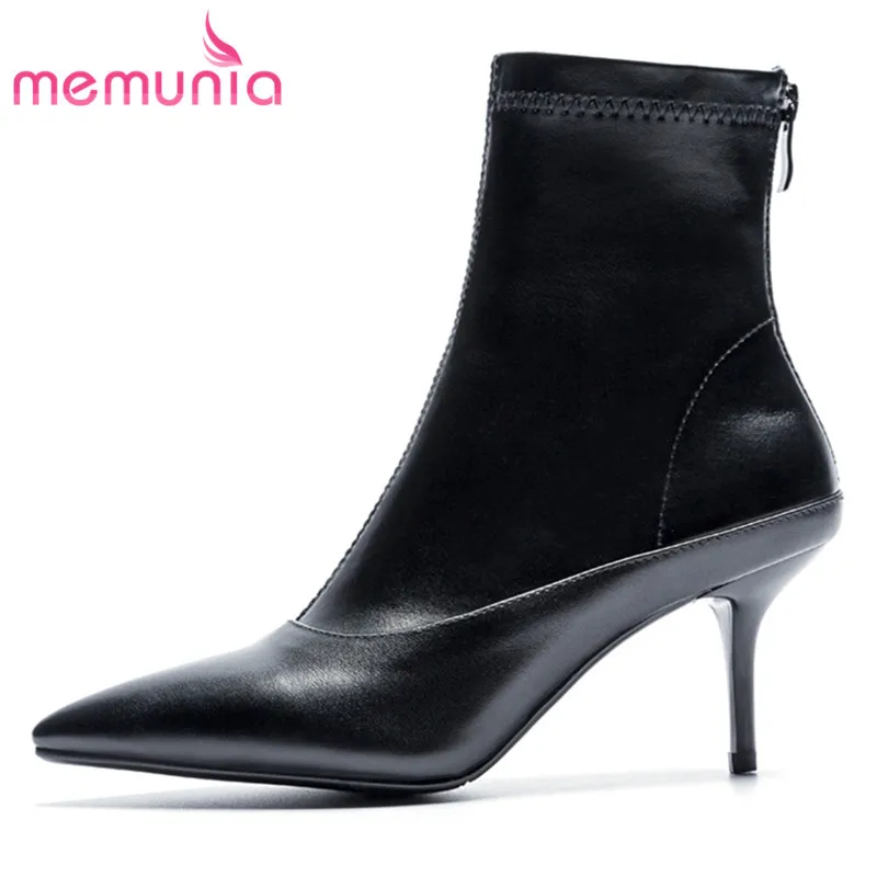 

MEMUNIA NEW 2020 fashion genuine leather boots ankle boots women thin high heel pointed toe zipper autumn boots casual shoes