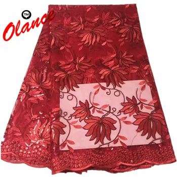 

Single color elegant vines and big leaves pattern with sequins PF137 African Dress Tulle Lace Fabric
