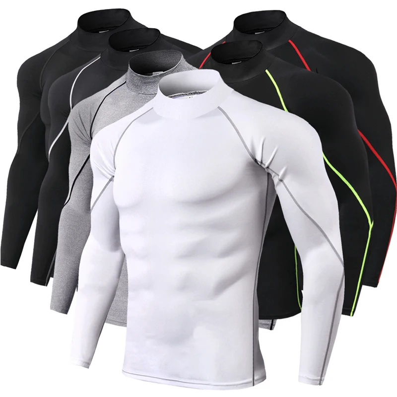 

Men Running Compression Shirt Long Sleeve Rashguard Male Gym Training Tee Tops Stand Collar Dry fit Sport T Shirt Sportswear