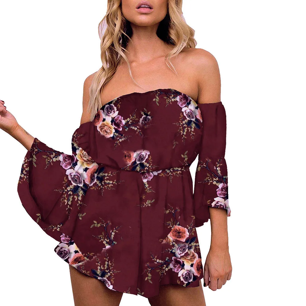 

CHAMSGEND Fashion Women Floral Print Jumpsuits Summer Sexy Flare Sleeve Off Shoulder Short Romper Casual Loose Jumpsuits Fe19