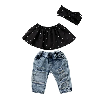 

2019 HOT SALE New Style Infant Baby Girls Clothes Summer Sleeveless Dot Tube Top +Hole Jeans +Headband 3pcs Outfits Clothes Set