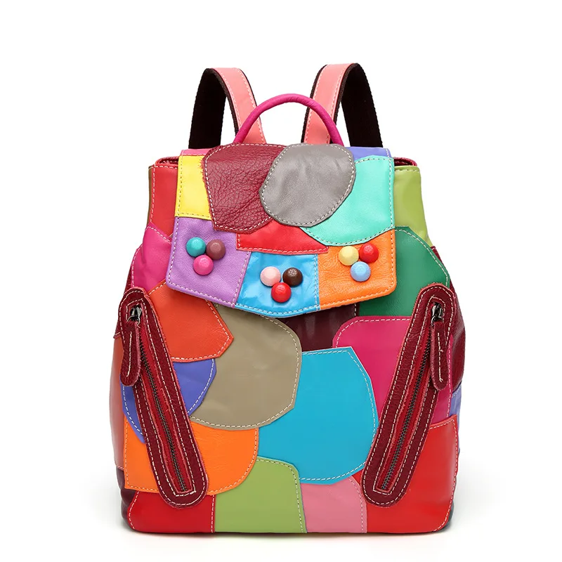 

Genuine Leather Purse Backpack Messenger School Bag Summer Bag for Beach High Quality Colorful Patchwork Designer Bag 2019 New