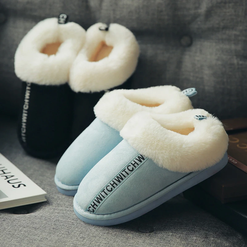 

Couple Cotton Slippers Women Thick Bottom Winter Alphabet Warm Shoes Woman Half Heel Indoor Soft Home Bathroom Adult Pantufa