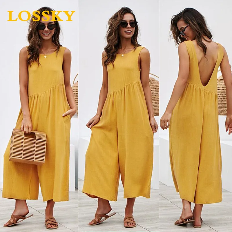 LOSSKY Wide Leg Solid Jumpsuit Sexy Sleeveless Backless Women Jumpsuits Casual Loose Pocket Basic Ladies Romper Jumpsuit Fashion