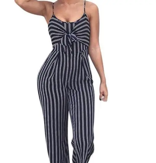 

Women Jumpsuit Fashion Bow Striped Spaghetti Strap Rompers Female Sling Overalls Casual Loose Wide-leg Jumpsuits Boho Bodysuit