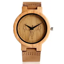 Vente chaude 2017 Bovins Tête Motif Bambou Montres En Bois Naturel À La Main En Bois Montres Hommes Femmes Robe Montres