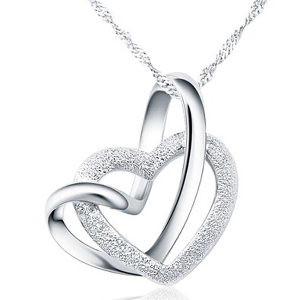 

Silver Plated Double Heart Pendant Necklace Collarbone Elegant Lady Necklace
