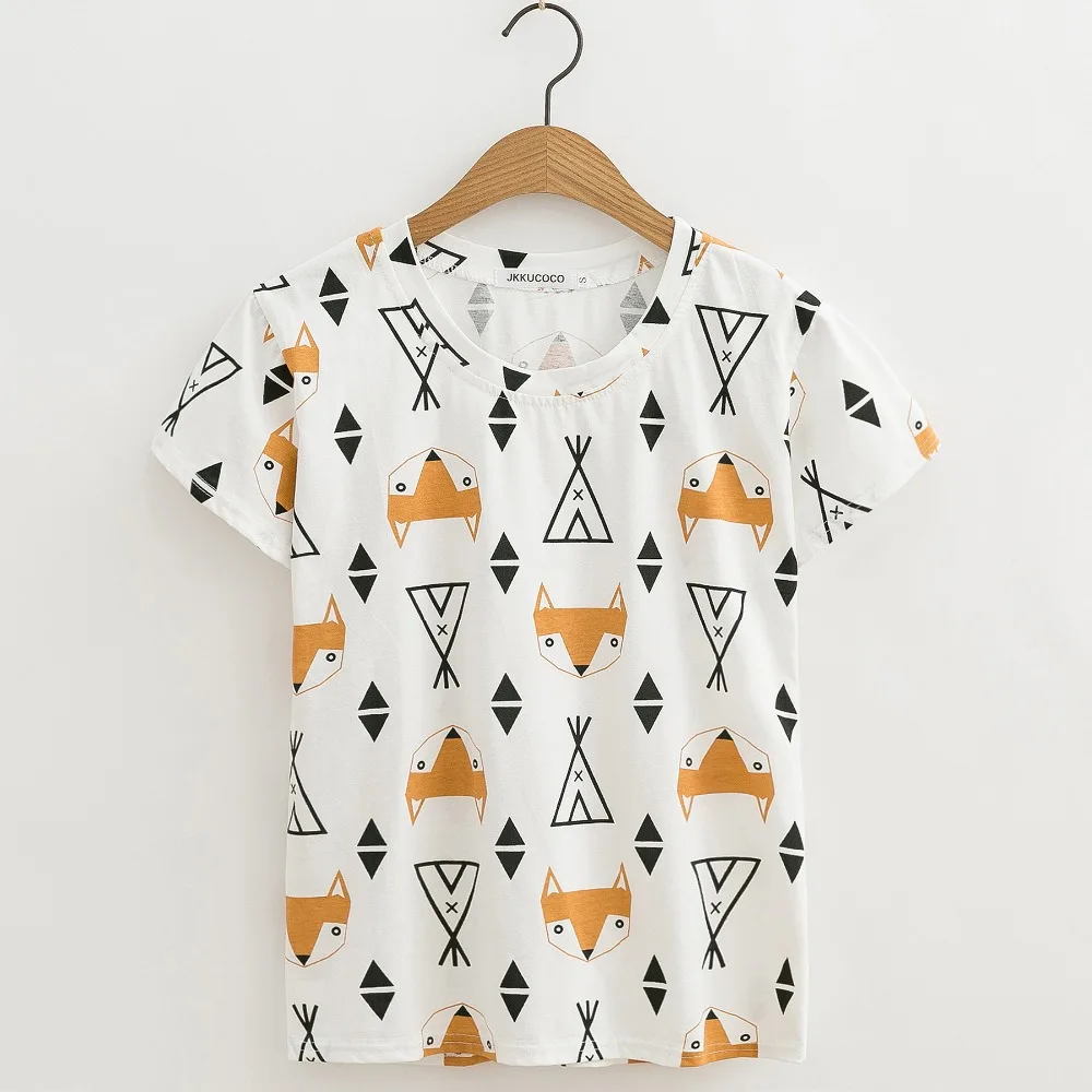 

JKKUCOCO Fox maple leaf ice-cream cone Print tees Short Sleeve Casual T-shirt Women shirt high quality Cotton t shirt Hot Tops