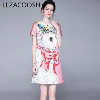 

2019 Runway Vintage Summer A Line Short Dress Women's Cartoon Animal pink Print Female short sleeve Party Dress