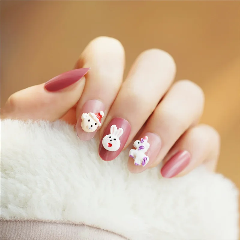 

24pcs 3D Cute False Nails Full Cover Artificial Bear Rabbit Decor Pink Fake Nails Press On Nail Tips for Children Christmas Gift