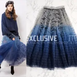 Европейский Стиль красивая одежда женский 2018 весенняя одежда Для женщин синий сетка кружева Пышная юбка Градиент Цвет прозрачный юбка