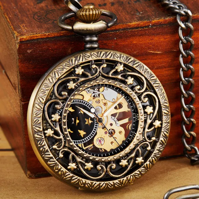 Vintage Steampunk Mechanical Pocket Watch Necklace Hand Wind Carved Hollow Fob C Vintage Steampunk Mechanical Pocket Watch Necklace Hand Wind Carved Hollow Fob C