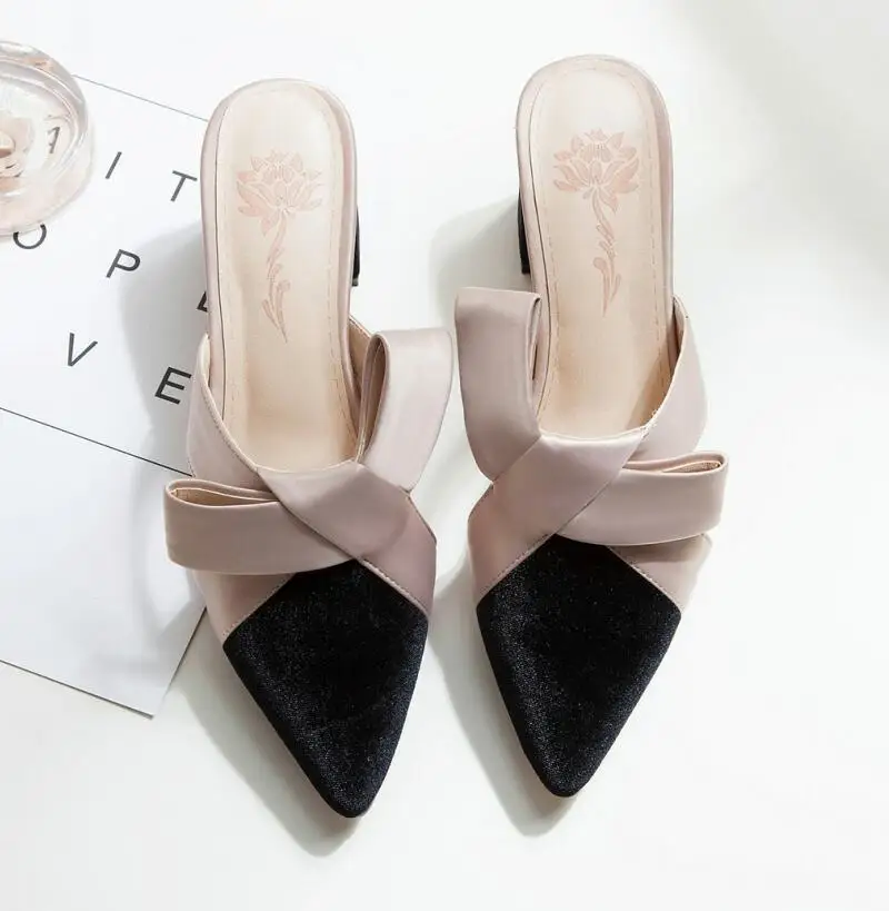 Черный Wertzk/Новое поступление года; женские шлепанцы с бантом; шлепанцы с острым носком на высоком каблуке; модная женская обувь; zapatos mujer; E512 - Цвет: Черный