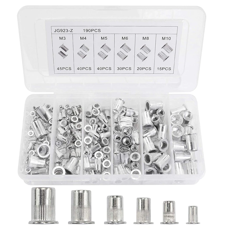 

190Pcs Aluminum Alloy Rivet Flat Head Threaded Insert Cap M3 M4 M5 M6 M8 M10 Rivet Nut