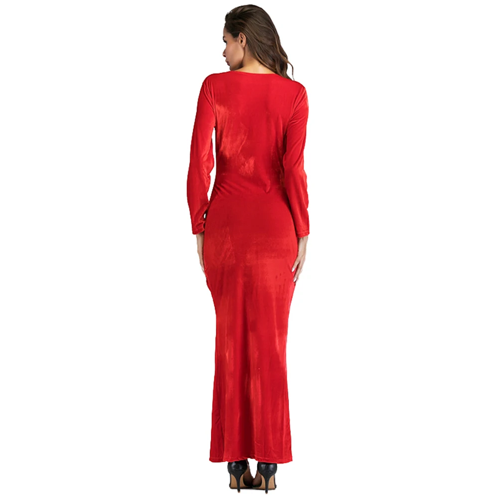 Hot Red Split Maxi Dress Plus Size XXL Women Autumn Long Sleeve Party Dresses Sexy V Neck Long Elegant Evening Wrap Velvet Dress (5)