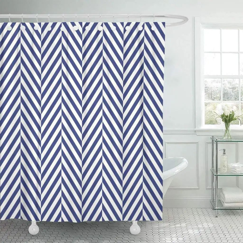 Fabric Shower Curtain with Hooks Navy Angle Blue Zigzag Lines Jagged