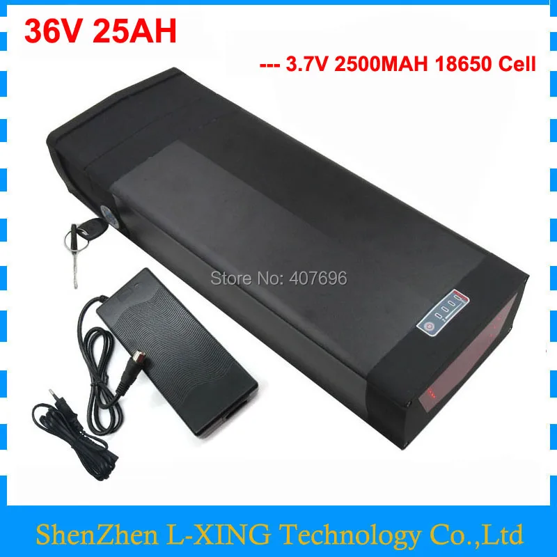 

1000W 36V 25AH Rear rack battery 36V li-ion batteries with tail light and USB Port use 2500mah 18650 cell 30A BMS 2A Charger
