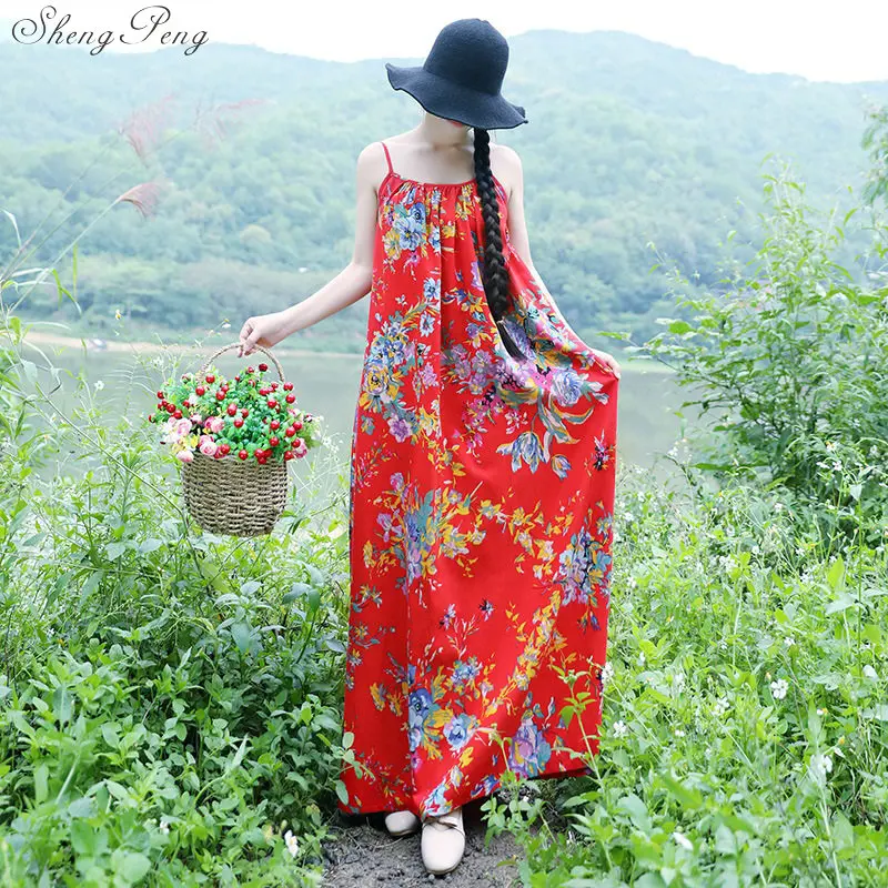 

Floral long dress chinese traditional dress linen dresses summer women long summer sundresses V877