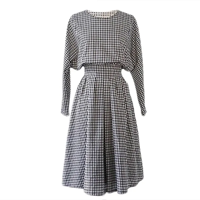 

Spring Autumn Women Chic Casual Dress Retro Loose Cotton Plaid Vestidos