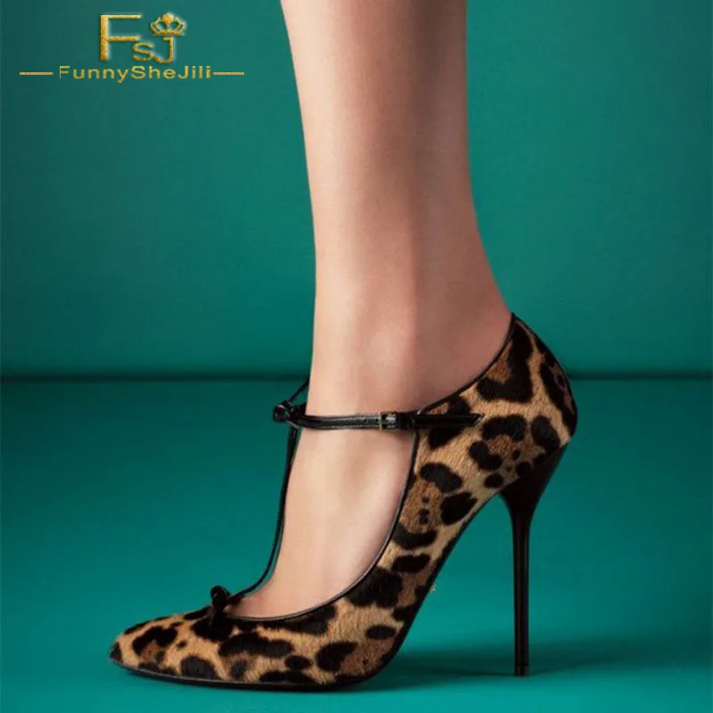 

T Strap Leopard Print High Heels Pumps Pointy Toe Stilettos Buckle Summer Large Size 44 45 46 New Women Shoes Sexy Party Dress