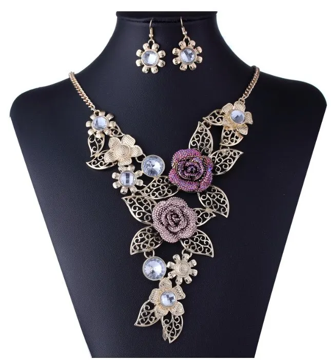 

Bohemian Luxury Crystal Hollow Leaves Enamel Flower Jewelry Sets Fashion 2019 African Necklace Earrings Set For Women 2T006