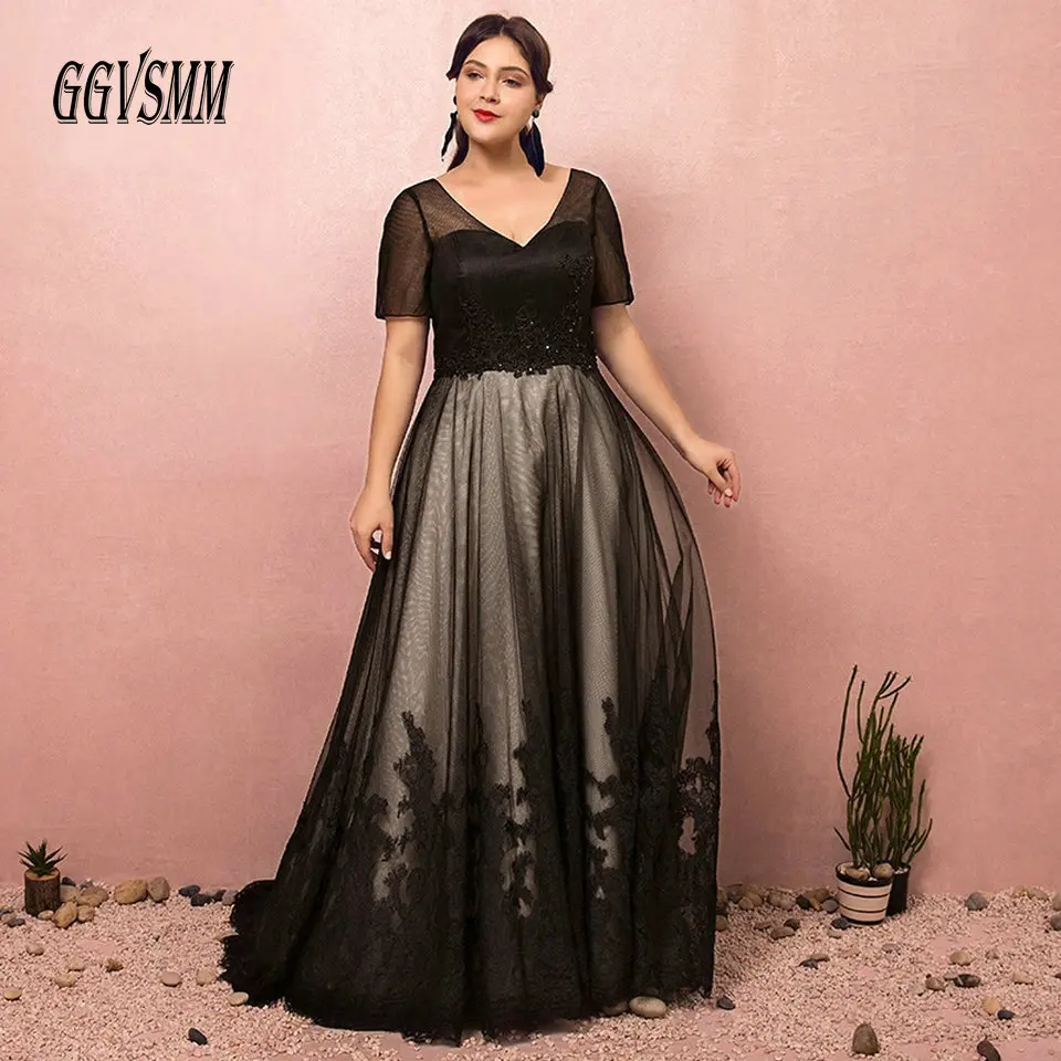 Fashion Black Plus Size Evening Dresses Long 2019 Formal Evening Gowns V Neck Tulle Appliques Women Party Dress Prom Custom Made Fashion Black Plus Size Evening Dresses Long 2019 Formal Evening Gowns V Neck Tulle Appliques Women Party Dress Prom Custom Made