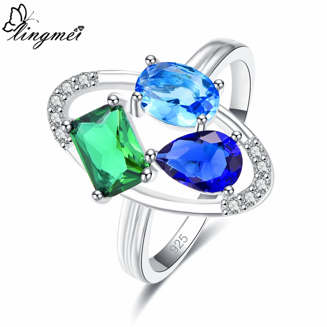 

Lingmei New Luxury Fashion Rings for Women Oval Pear Cut Blue & Green Zircon Silver Ring Size 6 7 8 9 Anniversary Gift