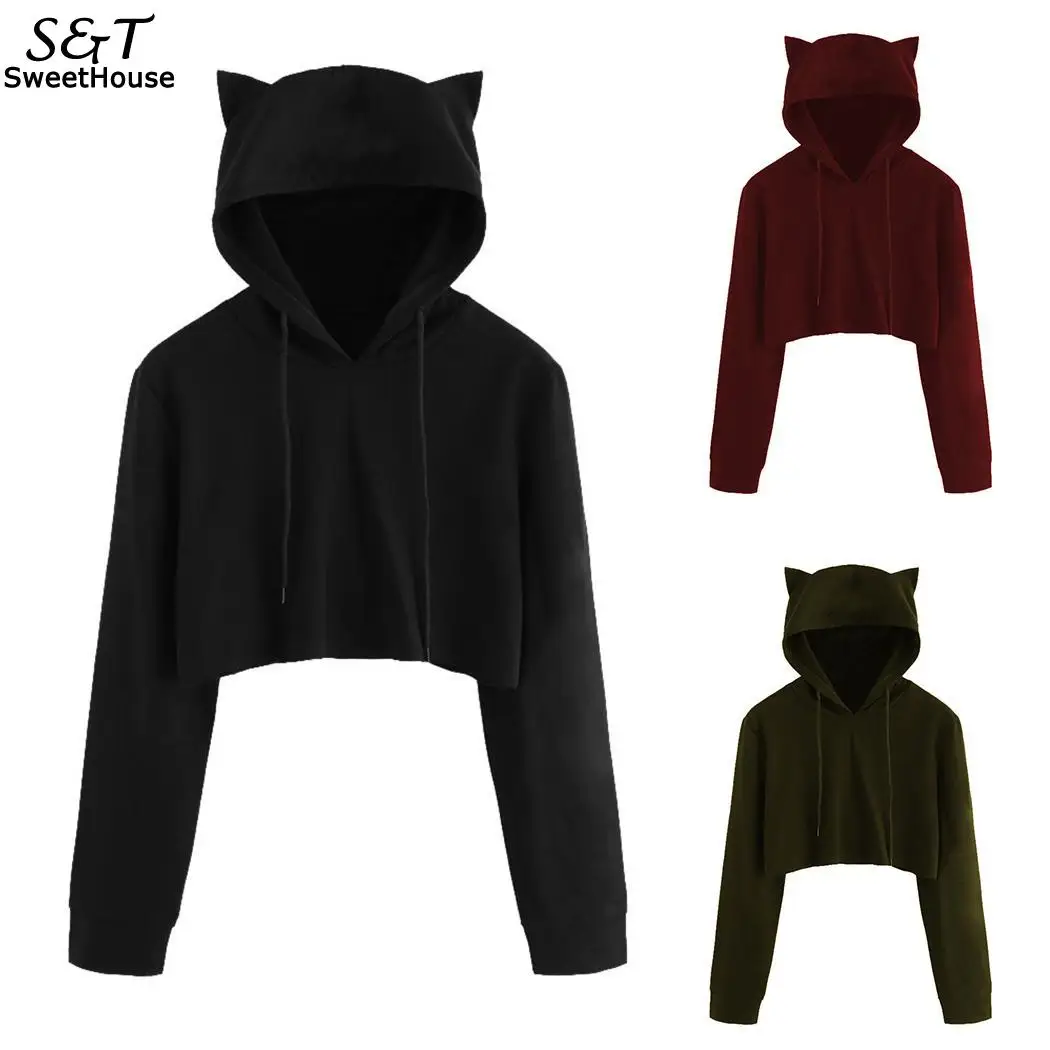 

FANALA Sweatshirt Women Sexy Crop Top Sleeve Long Casual Cute Solid Slim Hooded Long Women Short Hoodies Sweatshirt
