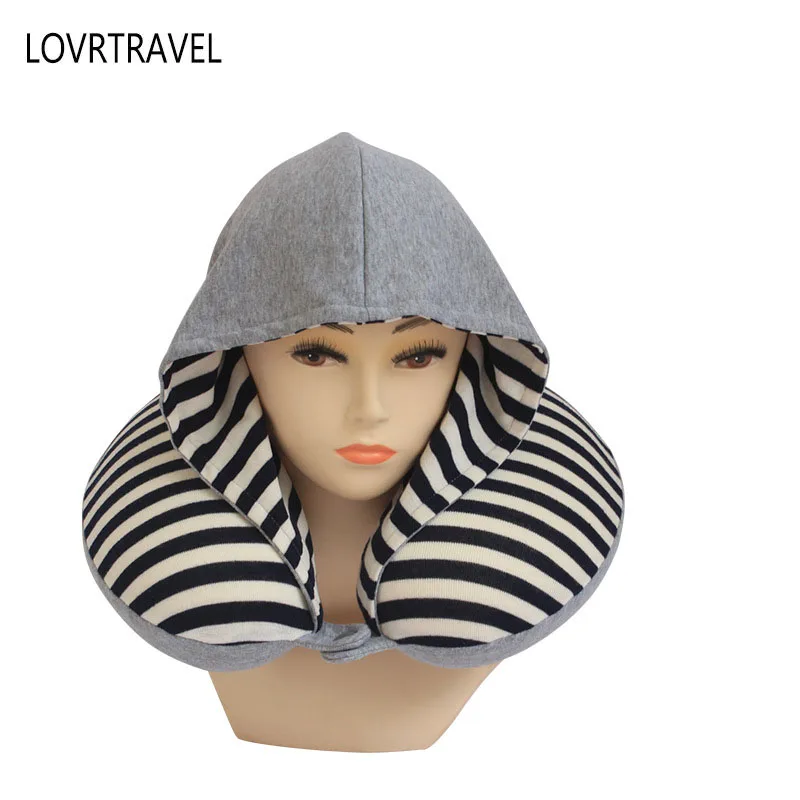 LOVRTRAVEL U shaped Pillow with Hat Hooded Travel Pillow Neck Support