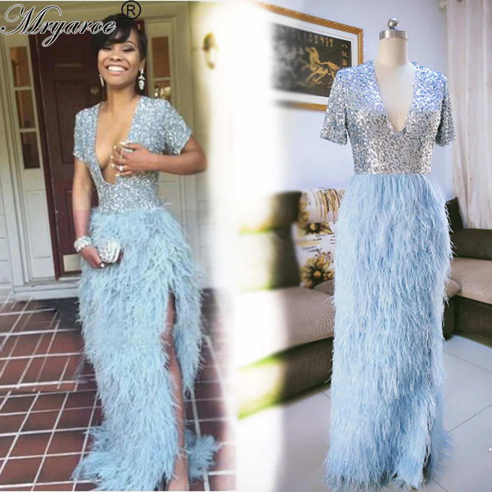 Amazing Ostric Feather Prom Dresses Blue Y Deep V Neck Sequin Amazing Ostric Feather Prom Dresses Blue Y Deep V Neck Sequin Bodice High Luxury Evening Gowns Vestido De Festa Longo In From Weddings