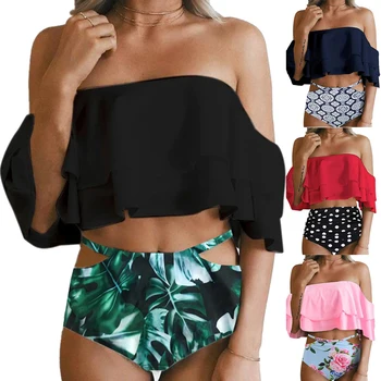 

Newest Bikini 2019 Printed Swimwear Women Swimsuit Solid Hollow Out Bathing Suit High Waist Bikini Set Padded Push Up Swim Wear