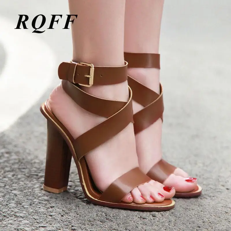 

RQFF Summer Shoes Woman Handmade Basic Party Buckle Strap Solid Fashion Black Sandals Women Plus Size Square Block Heel 12cm