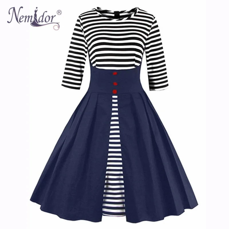 

Nemidor New Arrival Women Elegant 3/4 Sleeve A-line Swing Dress Patchwork Striped Knee Length Party Retro Dress