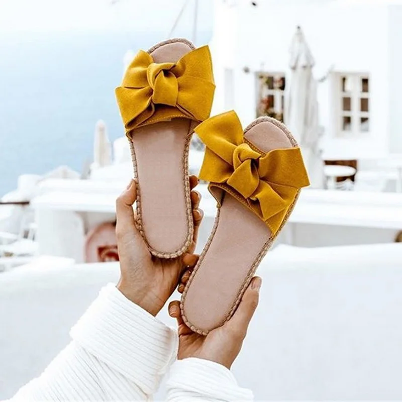 

WENYUJH 2019 Women Beach Flock Bowknot Flip Flops Casual Slippers Summer Female Girls Bow Tie Flat Heel Open Toe Shoes