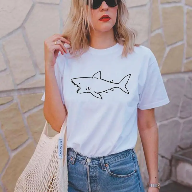 Милая футболка с принтом акулы женские топы летние с графикой для хипстеров футболка Femme Повседневная Harajuku женская футболка Camisas Mujer