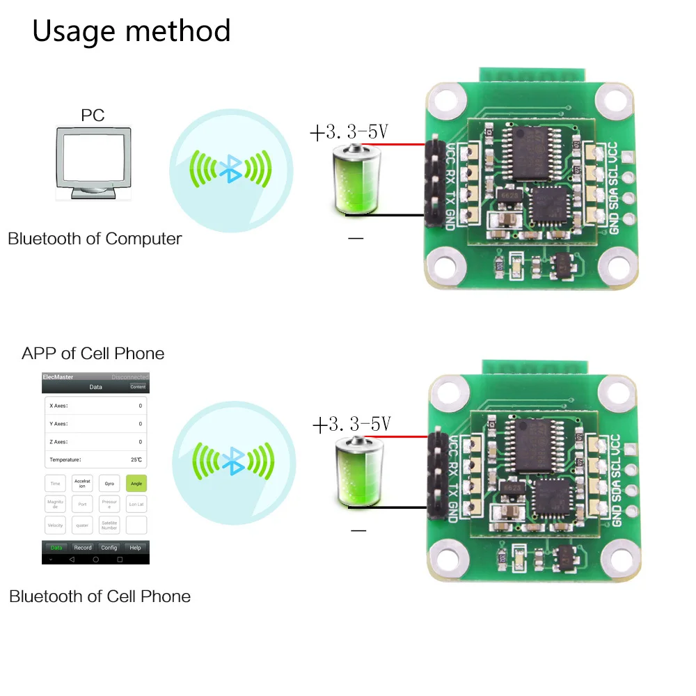 Акселерометр Bluetooth BWT61 Высокоточный 6-Axis AHRS Инклинометр+ гироскоп+ угол(XYZ, 100 Гц Выход), Поддержка ПК/Android/Arduinos