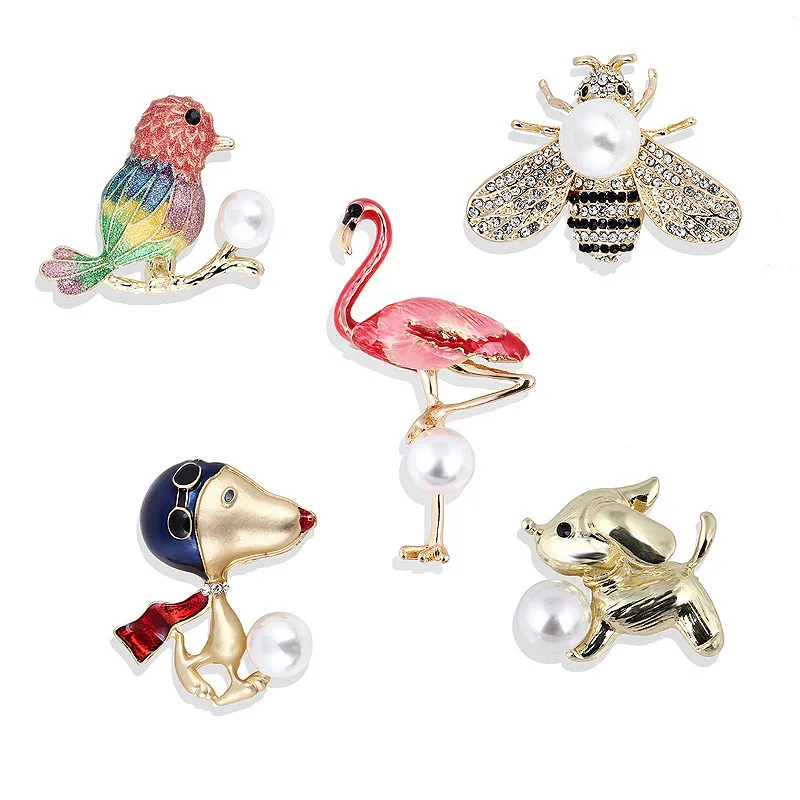

High-grade Vintage Cute Animal Cat Owl Bee Bird Dog Brooch For Women Men Fashion Inlay Pearls Animal Crystal Brooch Pins Jewelry