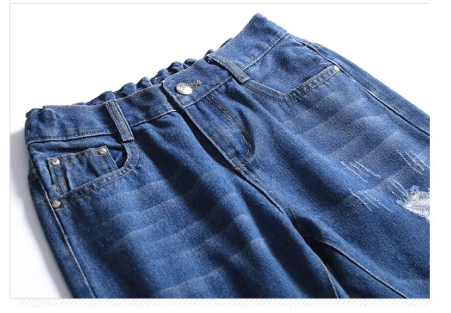 Calças de Brim Rasgadas para Mulheres Calças de Lápis do Vintage Elástico na Cintura Denim Coréia Profundo Azul Buraco Quente Menino Amigo Jeans Ouc1950 10 Home & Garden
