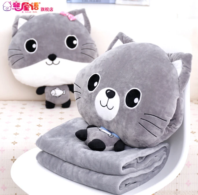 

Plush 1pc 48cm sweet gray cat warm rest office cushion + vehicle blanket high quality stuffed toy romantic gift for baby