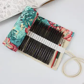 

36/48/72 Holes Pencil Wrap Portable Canvas Roll Up Leaves Pen Case Students Stationary Pouch For Painting School Supplies
