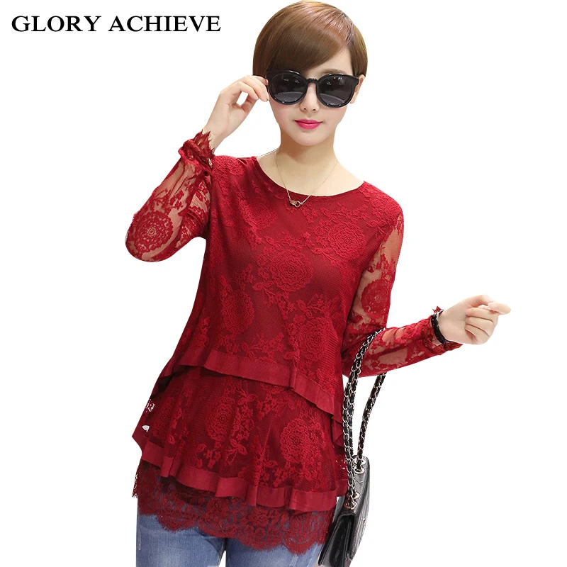 

2018 Spring Summer Design Elegant slim Women lace shirts Brand Black red Lace Blouse Women Long Sleeve Plus size Tops M-4XL