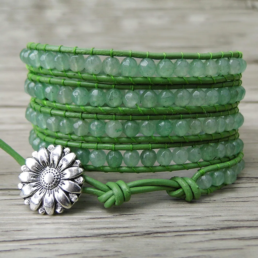 Boho 5 Wrap Bracelet gypsy Leather wrap bracelet Green Aventurine beads bracelet natural stone Jewelry yoga wrap jewelry 2017 new triple leather wrap bracelet for women fancy stone handmade multilayer czech glass beads leather rope jewelry