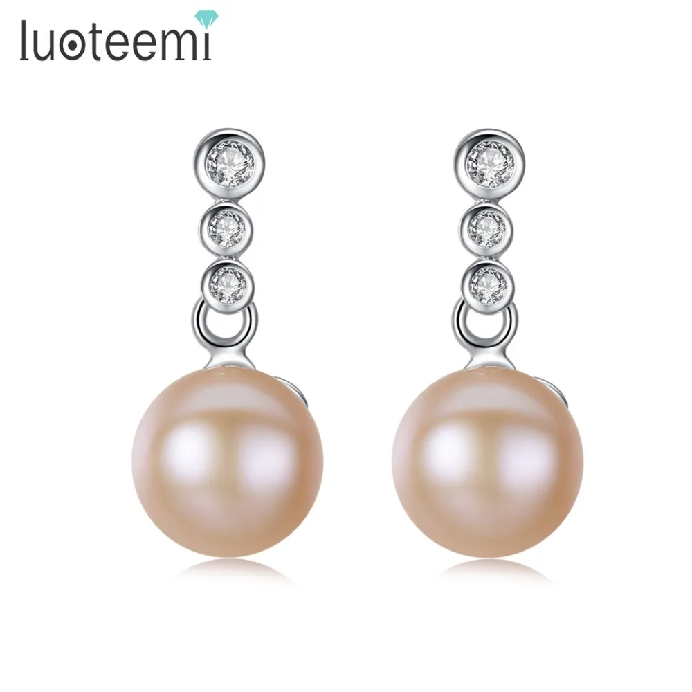 

LUOTEEMI 2018 Fashion Purple White Pink Round Shape 925 Sterling Silver Freshwater Natural Pearl Drop Earrings For Women Party