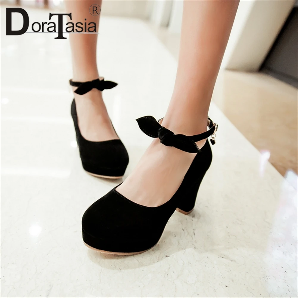 

DoraTasia New Arrival Sweet Pumps For Ladies Bowtie Decoration Platform 7.5cm High Square Party Pumps Women Plus Size 33-43