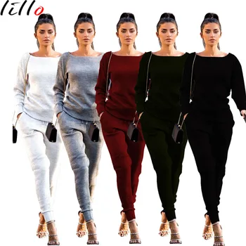 

Long sleeve round neck casual two-piece suit Fashion solid color women's suit Casual high street trend sweater + pencil pants