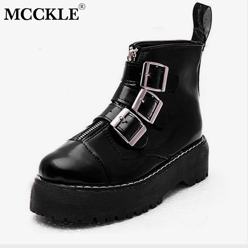 

MCCKLE Flat Platform Women Ankle Boots Autumn Female Creepers Fashion Buckle Square Heel Shoes Zipper Sewing Short Boot Footwear