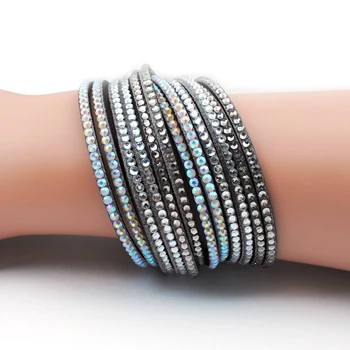 Многослойный браслет с кристаллами, стразы, шикарный роскошный браслет, двойной кожаный браслет, Pulseiras Femininas - Окраска металла: grey